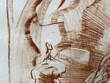 drawing of a man standing in front of a painting of a man on a horse