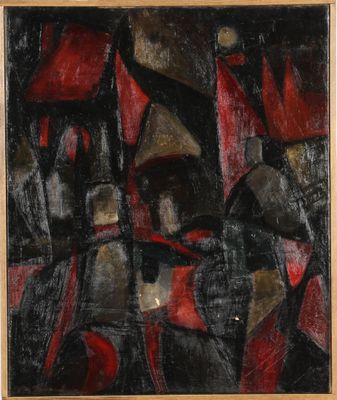 a painting of a black and red abstract painting