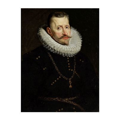 un vieux tableau représentant un homme moustachu, vêtu d'une robe noire et d'un col à volants blanc