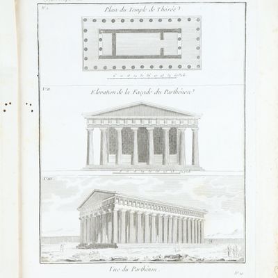 deux dessins représentant un bâtiment avec des colonnes et un toit