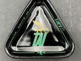a triangle shaped tray with a logo on it