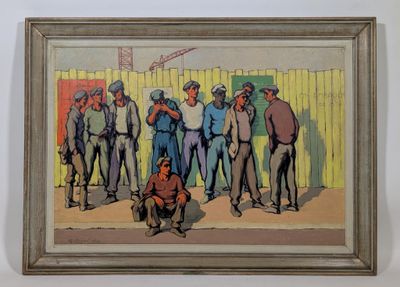 un tableau représentant un groupe d'hommes debout devant une clôture