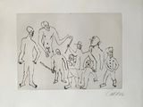 dessin représentant un groupe de personnes alignées, parmi lesquelles un homme tenant un couteau