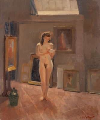 tableau représentant une femme nue debout dans une pièce où est accroché un tableau au mur