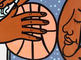 a painting of two hands holding a basketball ball