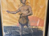 an old poster of a man standing in front of a sunset