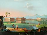 un tableau représentant une vue d'une ville depuis une colline
