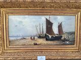 an oil painting of boats on a beach with people on the shore