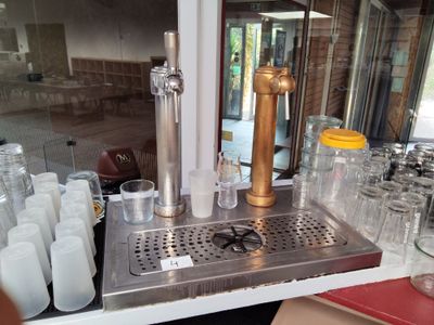 un bar avec beaucoup de verres et un robinet à bière