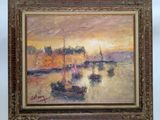 a painting of boats in a harbor with a sunset in the background