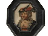 painting of a woman wearing a red hat and a feathered hat