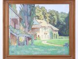 an oil painting of a farm scene with a horse and a barn