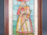 tableau représentant une femme avec une canne, dans un cadre en vitrail