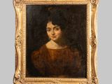 a painting of a woman in a brown dress is shown