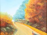 a painting of a person walking down a road