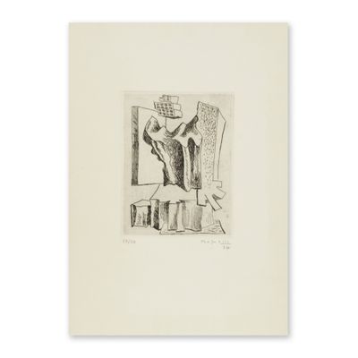 un dessin en noir et blanc représentant un vase posé sur une table