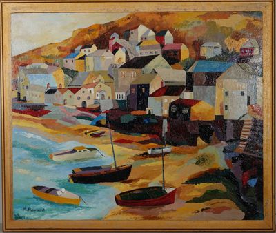 a painting of boats on the shore of a town