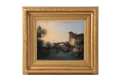 une peinture à l'huile représentant un pont sur une rivière avec une maison à l'arrière-plan