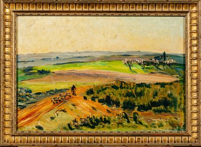 une peinture à l'huile représentant un paysage avec une calèche