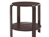 une table ronde en bois surmontée d'une étagère