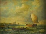 a painting of a boat in the water near a pier