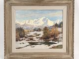 a painting of a snowy landscape with mountains in the background
