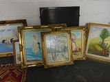 four framed pictures of a man and a woman by a fire place