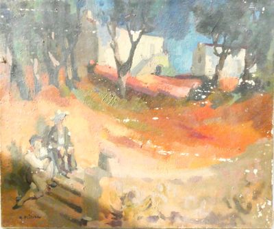a painting of a man riding a horse down a road