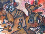 un tableau représentant un homme à cheval avec un oiseau sur l'épaule
