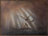 an oil painting of a bird flying over a body of water with a mountain in the background