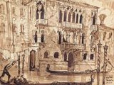 drawing of a gondola in front of a building with a boat in the water