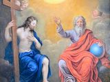 a painting of jesus and mary with the cross