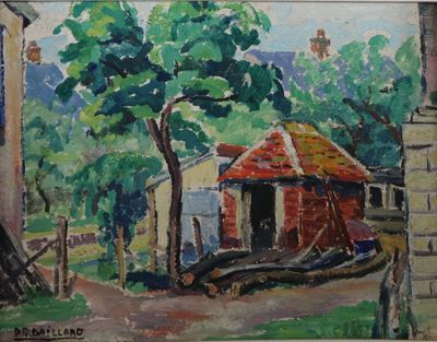 une peinture à l'huile représentant une maison et des arbres dans un décor champêtre
