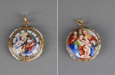 two pictures of a clock with a picture of the virgin and child on it