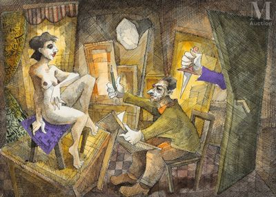 un tableau représentant un homme et une femme assis sur une chaise