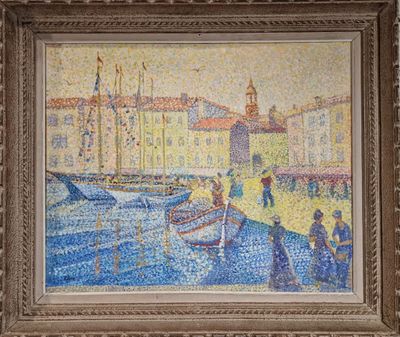 an image of a painting of people on a boat in a harbor