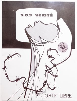 une image représentant une affiche en noir et blanc sur laquelle figure le dessin du visage d'une femme