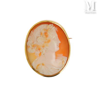 Une broche plaquée or représente le profil d'une femme.