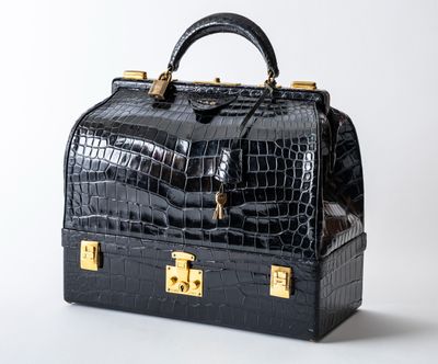 une photo d'un sac en peau de crocodile noir avec des finitions dorées