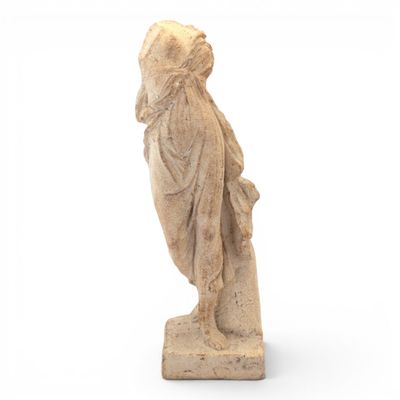 an old statue of a woman holding a bird on a white background