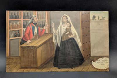 an old painting of a woman in a black dress and a man in a red jacket