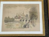 painting of a bridge over a river with a castle in the background