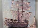 an oil painting of a sailboat in the water near a light house