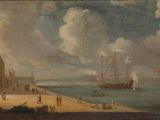 une image représentant une peinture d'une scène portuaire avec des bateaux sur l'eau