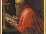 an image of a painting of a man in a red robe holding a book and a lion
