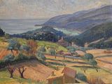 une peinture à l'huile représentant un paysage avec des collines, des arbres et un plan d'eau