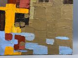 une peinture représentant un bâtiment jaune et rouge sur fond gris