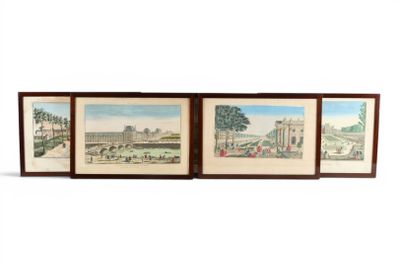 trois photos encadrées représentant un jardin avec un banc et un bâtiment