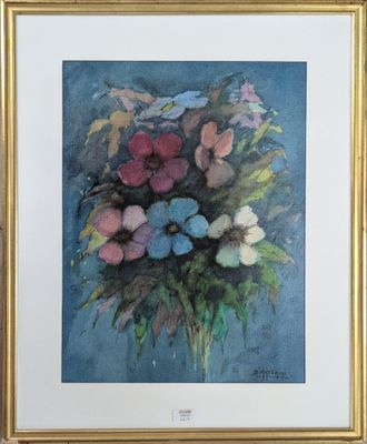 painting of a bouquet of flowers in a gold frame on a blue background