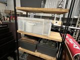 a shelf with many boxes on it in a garage